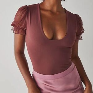 Free People Intimately Bare And Square Bodysuit Puff Sleeve Size [XL] NWT